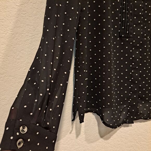 Halogen sheer lightweight button-up blouse top shirt black white polka-dots sz M - Picture 5 of 7